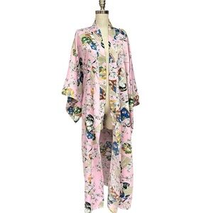 Vintage Lotus Pink Japanese Print Kimono Robe One Size Geisha Print